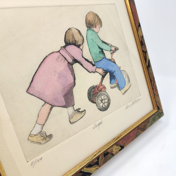 Tricycle Print Signed Matted Framed Numbered 8/150 Drawing Kids Siblings Friends - Picture 8 of 16